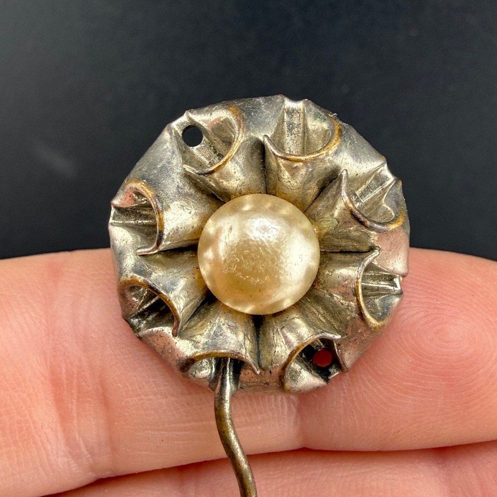 Vintage Stick Pin Silver Tone Flower Faux Pearl Textured Lapel READ